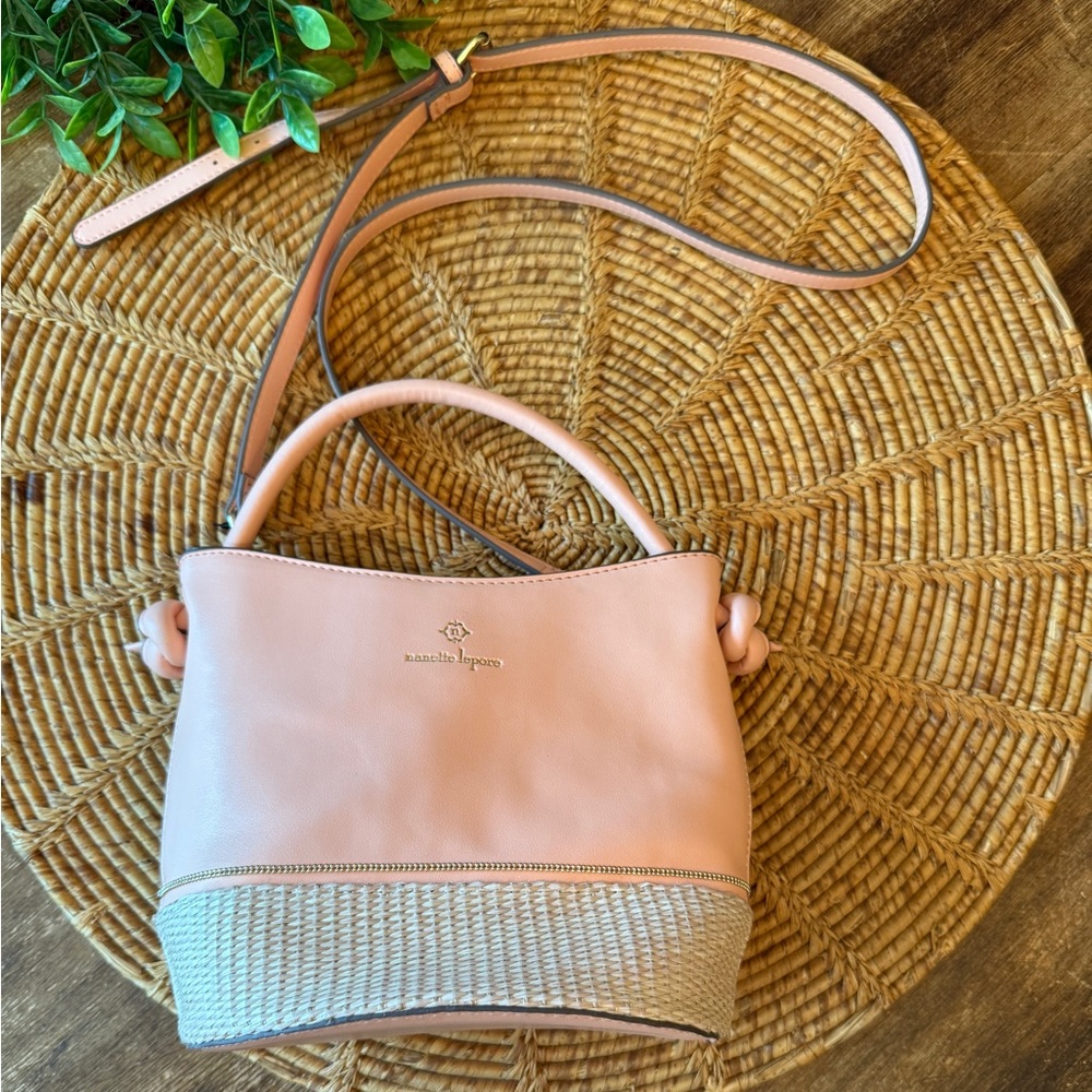 New Nanette Lepore Peach Color with Tan Weave Bucket Crossbody Bag